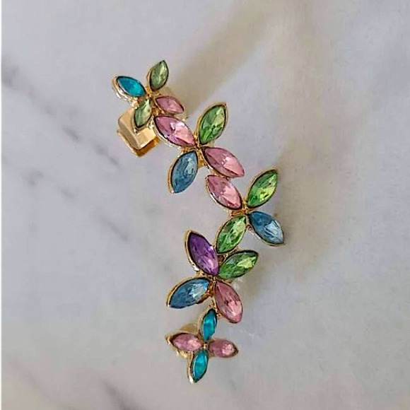 Gold Multicolor Flower Ear Cuff Climber Earring - Picture 4 of 6